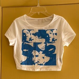 SHEIN White and Blue Graphic Crop Top size medium